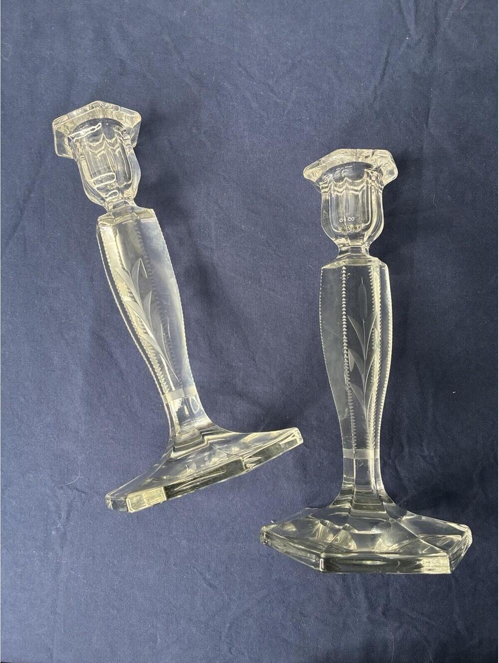 Pair of Vintage Solid, Heavy Glass Etched Candlestick Holders